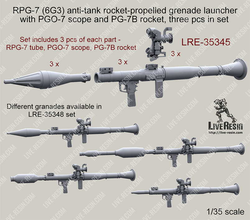 1/35 RPG-7 (6G3) Anti-Tank Rocket-Propelled Launcher (3 pcs) - Click Image to Close