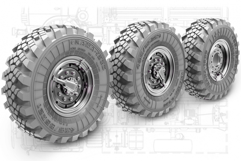 1/35 Sagged Wheels Set "Kama" for 4x4 Truck Kamaz-4350 (4+1 pcs) - Click Image to Close