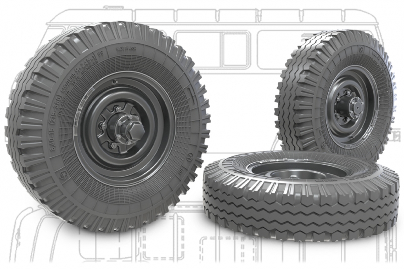 1/35 Sagged Wheels Set for UaZ-469 "Buhanka" (4 pcs+Extra) - Click Image to Close